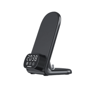 Caricabatterie mobile wireless 3 in 1 con orologio digitale