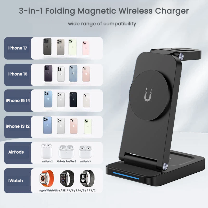 3-in-1 Magnetic Wireless Charging Dock with strong magnetic hold